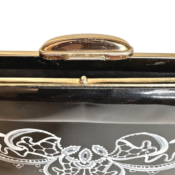 VTG Women Black Patent Leather Purse Hand-painted White Front Signed Gold Clasp - Picture 10 of 11